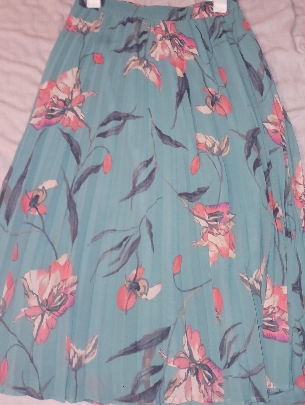 Teal Floral Pleated Midi Skirt